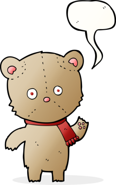 Bir insan tarafından çizilmiş konuşma balonlu oyuncak ayıyı sallayan çizgi film.