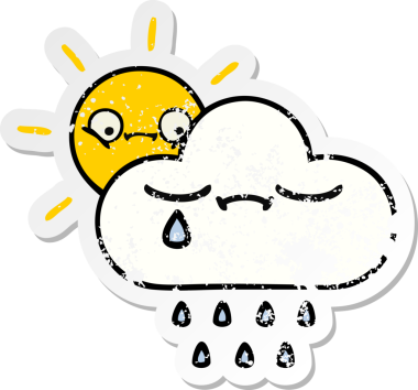 Sevimli bir çizgi film yıldızının sıkıntılı çıkartması ve bir insan tarafından çizilmiş yağmur bulutu.