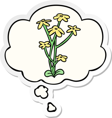 Düşünce baloncuklu karikatür çiçeği insan tarafından çizilmiş bir çıkartma gibi.