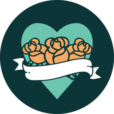 İkonik dövme stili bir kalp ve bir insan tarafından çizilmiş çiçekli pankart.