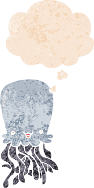 grunge 'da düşünce baloncuğu olan çizgi film ahtapotu bir insan tarafından çizilmiş dertli retro dokuma tarzı.