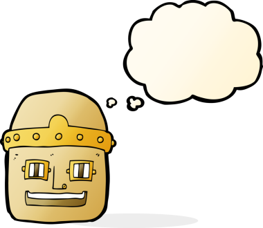 Bir insan tarafından çizilmiş düşünce baloncuklu robot kafası.