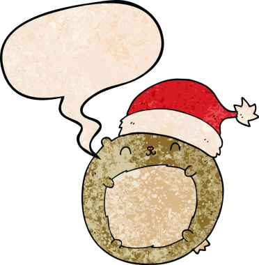 Bir insan tarafından çizilmiş eski dokuda konuşma baloncuğu olan şirin bir çizgi film Noel ayısı.