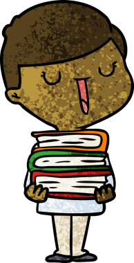 Bir insan tarafından çizilmiş kitap yığınıyla mutlu bir çocuk.