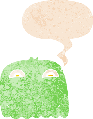 Konuşma baloncuğu olan çizgi film hayaleti bir insan tarafından çizilmiş dertli retro tarzı