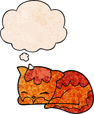 çizgi film kedisi, bir insan tarafından çizilmiş grunge desenli düşünce baloncuğuyla uyuyor.