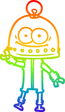 Gökkuşağı gradyan çizgisi mutlu bir karton robot çizimi ve bir insan tarafından çizilmiş ampul.