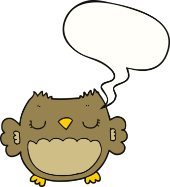 Bir insan tarafından çizilmiş konuşma baloncuğu olan sevimli çizgi film baykuşu.