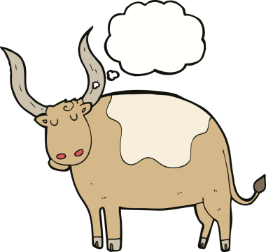 Bir insan tarafından çizilmiş düşünce baloncuklu bir öküz.