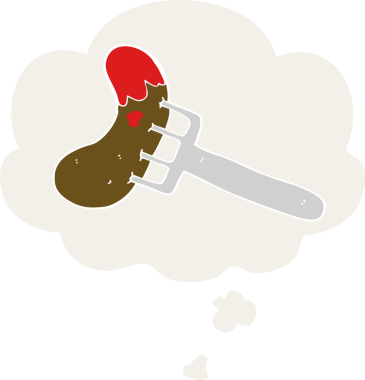 İnsan tarafından çizilmiş düşünce baloncuklu çatal üzerinde çizgi film sosisi.