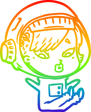 Gökkuşağı gradyan çizgi çizimi bir insan tarafından çizilmiş astronot bir kadın.