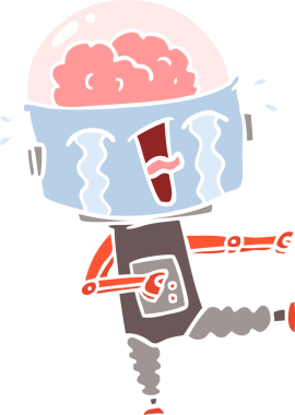 Düz renkli çizgi film ağlayan robot insan tarafından çizilmiş.