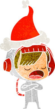 İnsan tarafından çizilmiş Noel Baba şapkası giyen astronot bir kadının el çizimi karikatürü.