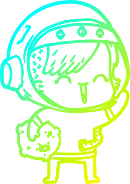 Bir insan tarafından çizilmiş ay taşını tutan mutlu bir uzay kızının çizimi.