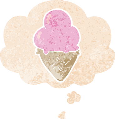 Düşünce baloncuklu çizgi film dondurması grunge sıkıntılı retro desenli bir insan tarafından çizilmiş