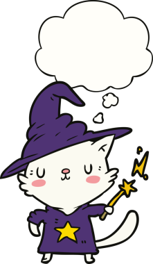 Bir insan tarafından çizilmiş düşünce kabarcığı olan çizgi film kedisi sihirbazı