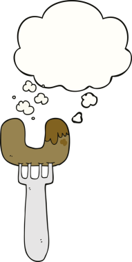 Bir insan tarafından çizilmiş düşünce baloncuklu çatal üzerinde çizgi film sosisi.