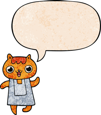 Konuşma baloncuğu olan çizgi film kedisi insan tarafından çizilmiş eski moda dokular.