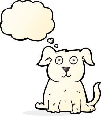 Bir insan tarafından çizilmiş düşünce balonlu mutlu bir köpek.