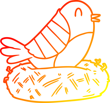 Bir insan tarafından çizilmiş yuvada oturan çizgi film kuşunun sıcak çizgi çizimi