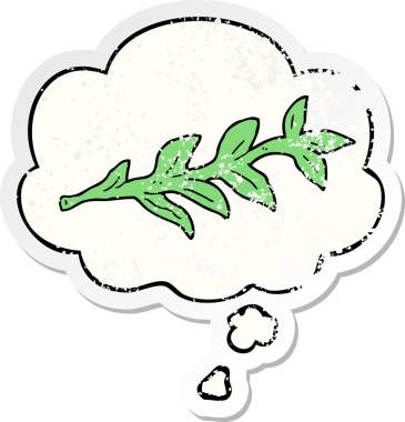 Düşünce baloncuğu olan karikatür bitkisi insan tarafından çizilmiş yıpranmış bir çıkartma.