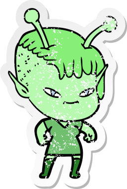 Bir insan tarafından çizilmiş sevimli uzaylı bir kızın sıkıntılı çıkartması.