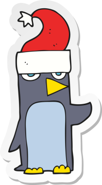 Bir insan tarafından çizilmiş Noel şapkalı penguen karikatürü çıkartması.