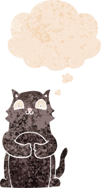 grunge 'da düşünce baloncuğu olan çizgi film kedisi bir insan tarafından çizilmiş dertli retro desenli