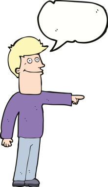 Bir insan tarafından çizilmiş bir konuşma balonuyla işaret eden çizgi film adamı.