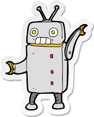 Bir insan tarafından çizilmiş komik robotun çıkartması.