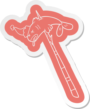 Bir insan tarafından çizilmiş Noel Baba şapkasıyla mızraklanmış bir balığın ilginç karikatür etiketi.