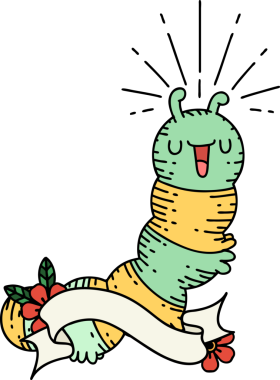 Dövme stili afiş Bir insan tarafından çizilmiş mutlu tırtıl