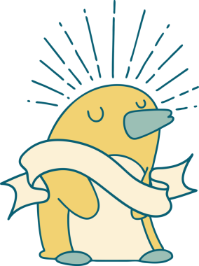 Bir insan tarafından çizilmiş mutlu penguen dövmeli parşömen.