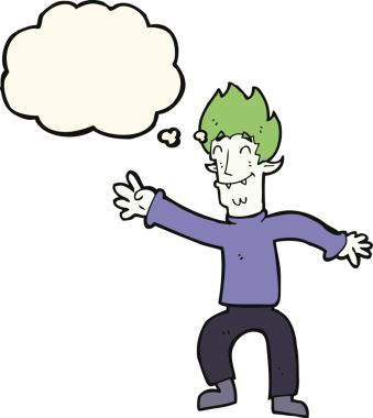 Bir insan tarafından çizilmiş düşünce balonlu mutlu vampir adam çizgi filmi.