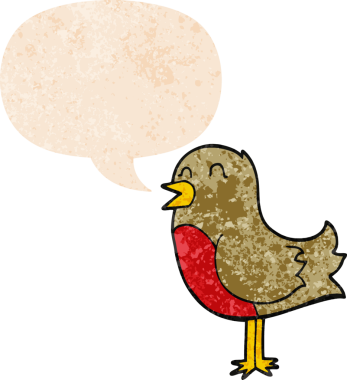 grunge 'da konuşma baloncuğu olan karikatür kuşu bir insan tarafından çizilmiş dertli retro tarzı