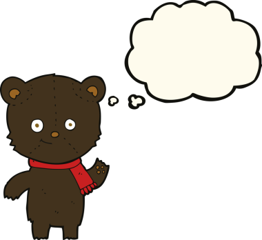 Bir insan tarafından çizilmiş düşünce baloncuğuyla sallanan siyah ayı çizgi filmi.