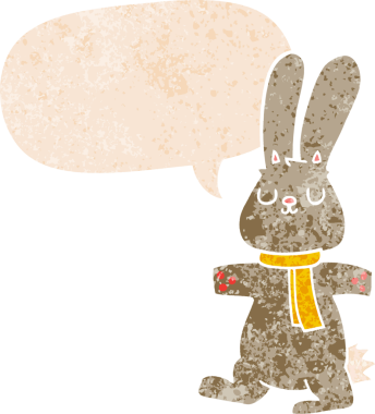 Konuşma baloncuğu olan çizgi film tavşanı bir insan tarafından çizilmiş dertli retro tarzı