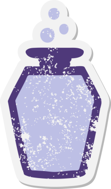 Bir insan tarafından çizilmiş çizgi film iksiri şişesi grunge etiketi.