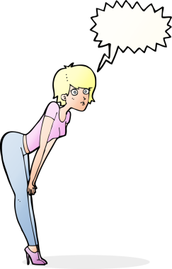 Bir insan tarafından çizilmiş konuşma baloncuğu olan bir şeye bakan çizgi film kadını.