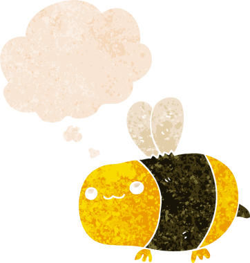 Düşünce baloncuğu olan çizgi film arısı bir insan tarafından çizilmiş dertli retro tarzı