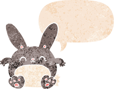 Konuşma baloncuğu olan çizgi film tavşanı bir insan tarafından çizilmiş dertli retro tarzı