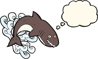 Bir insan tarafından çizilmiş düşünce baloncuklu çizgi film köpekbalığı.