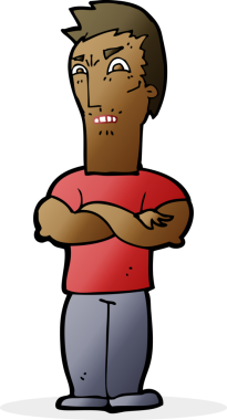 Bir insan tarafından çizilmiş kolları katlanmış, rahatsız bir adam.