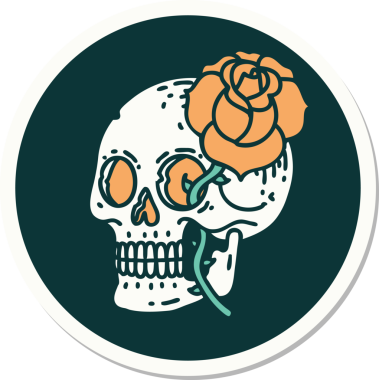 Geleneksel kafatası stili dövme çıkartması ve bir insan tarafından çizilmiş gül.