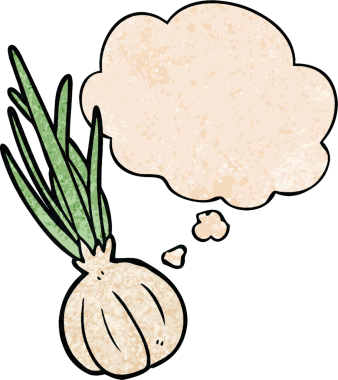 Bir insan tarafından çizilmiş grunge desenli düşünce baloncuklu karikatür sarımsağı.