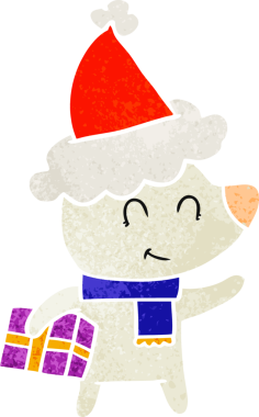 Noel hediyesi olan dişi kutup ayısı bir insan tarafından çizilmiş Noel Baba şapkası giyiyor.