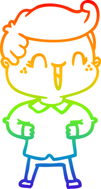 Gökkuşağı gradyan çizgi çizimi bir çizgi film karakteri gülen çocuğun elleri bir insanın kalçasında çizilmiş.