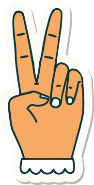 Barış sembolünün çıkartması. Bir insan tarafından çizilmiş iki parmak el hareketi.