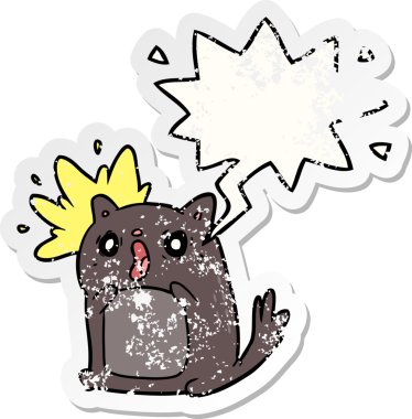 Karikatür şok olmuş kedi konuşma baloncuğuyla şaşkına dönmüş bir insan tarafından çizilmiş sıkıntılı eski bir çıkartma.