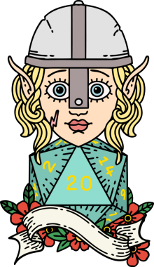 Retro Dövme Tarzı Elf Savaşçısı Karakteri Bir insan tarafından çizilmiş doğal 20 zar atışıyla